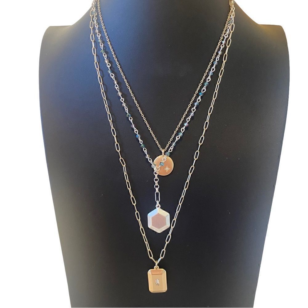 Modern Metal Shapes Two Tone Triple Layer Necklace.